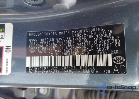 2016 Toyota Corolla S Plus z USA, uszkodzony, nr VIN 2T1BURHEXGC606438